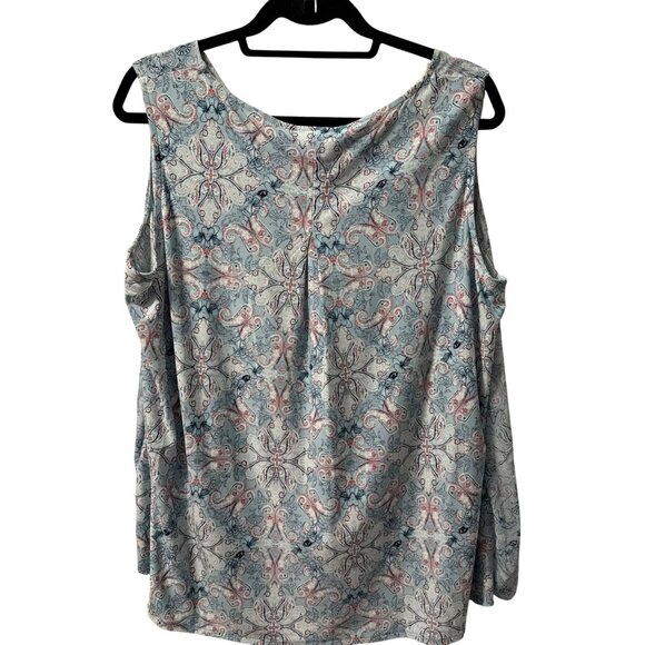 Roz & Ali Womens blouse Sz 1X Sleeveless Top With Tie Hem Blue & Pink Paisley - Picture 11 of 12